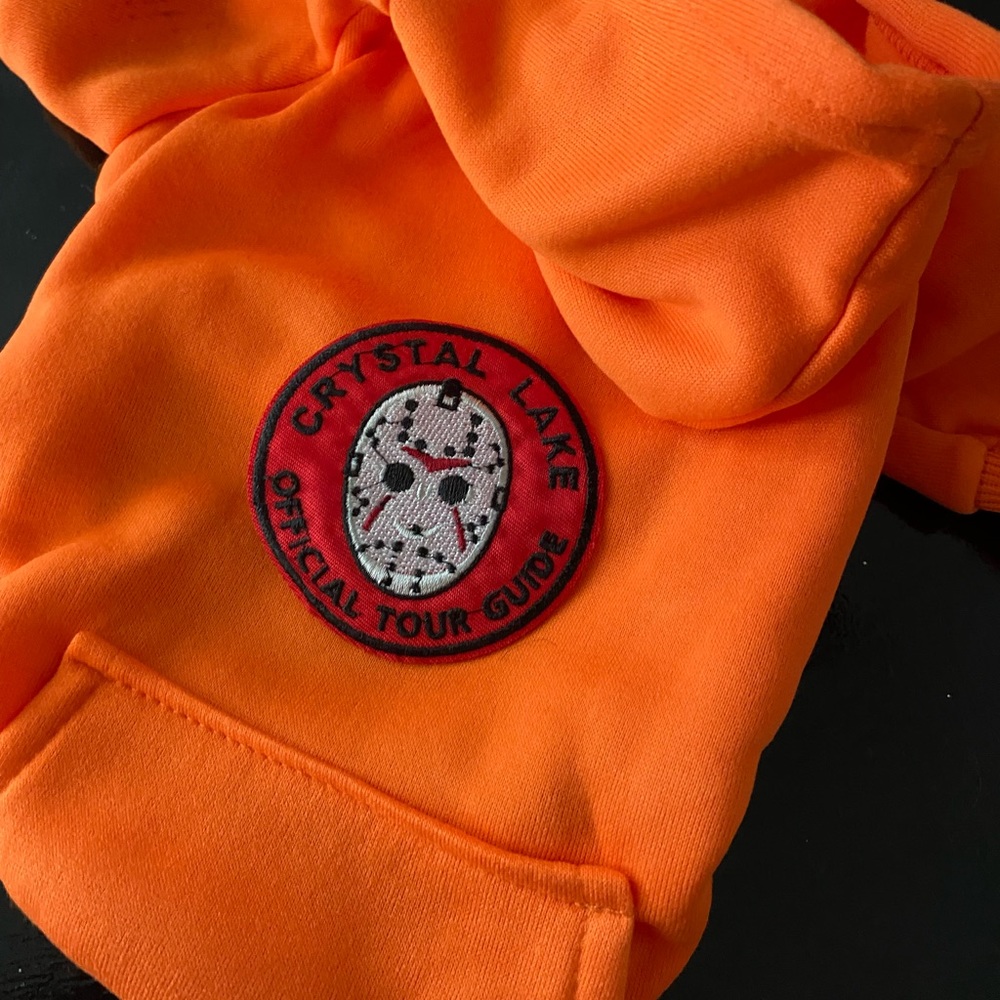 Friday 13th horror movie dog hoodie large M orange 80s pop fun comedy